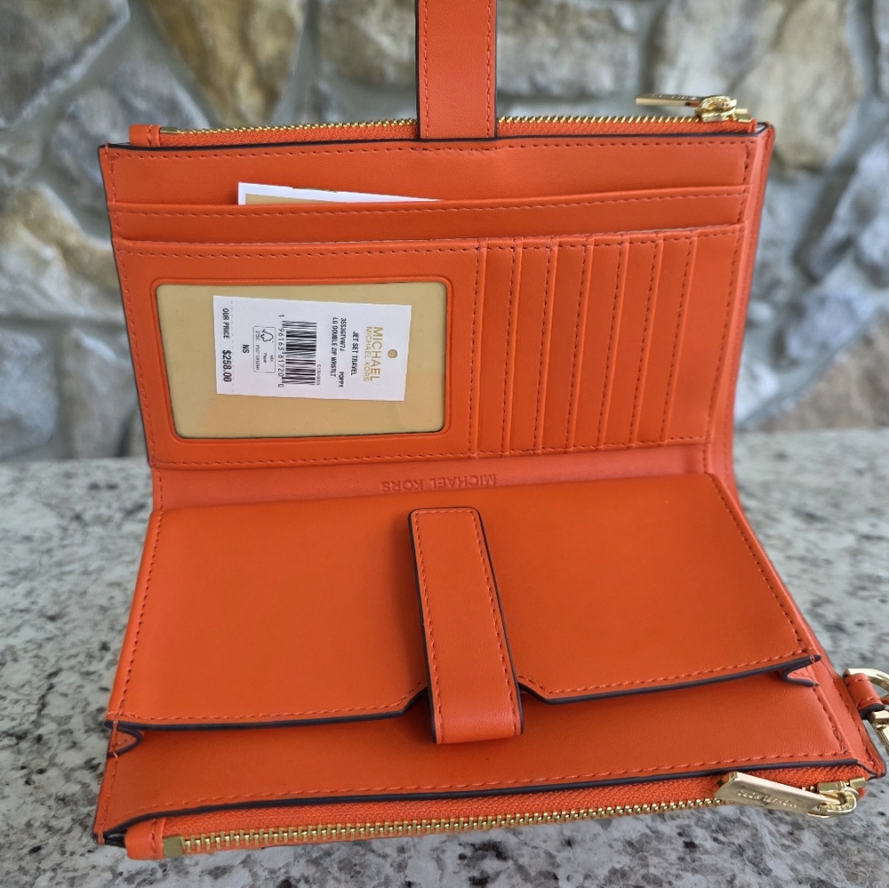 Michael Kors Jet Set Logo Double Zip Orange Wristlet - Picture 3 of 6